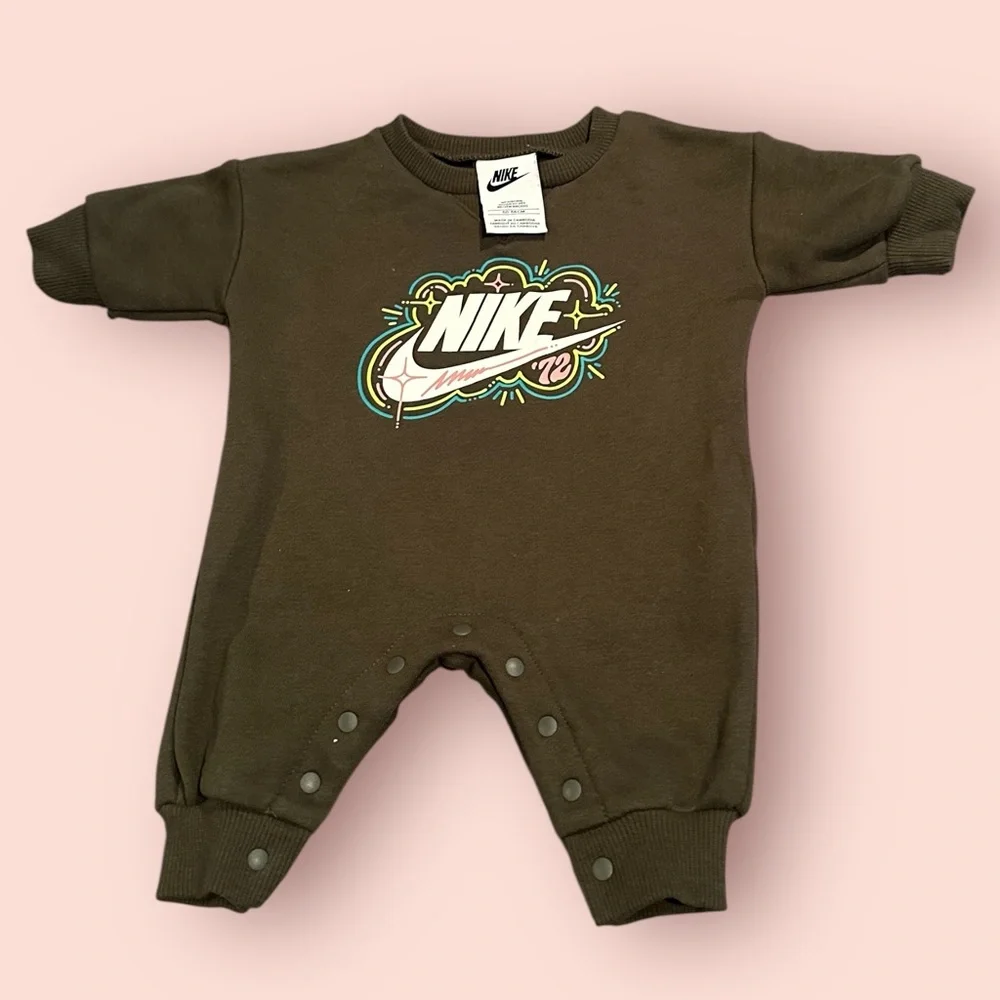 Newborn Nike Crewneck Sweatshirt Olive Green One Piece